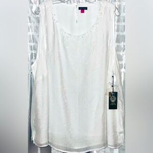 Vince Camuto -NWT 1X White Sleeveless Top w/clear beaded accents.Sheer w/lining